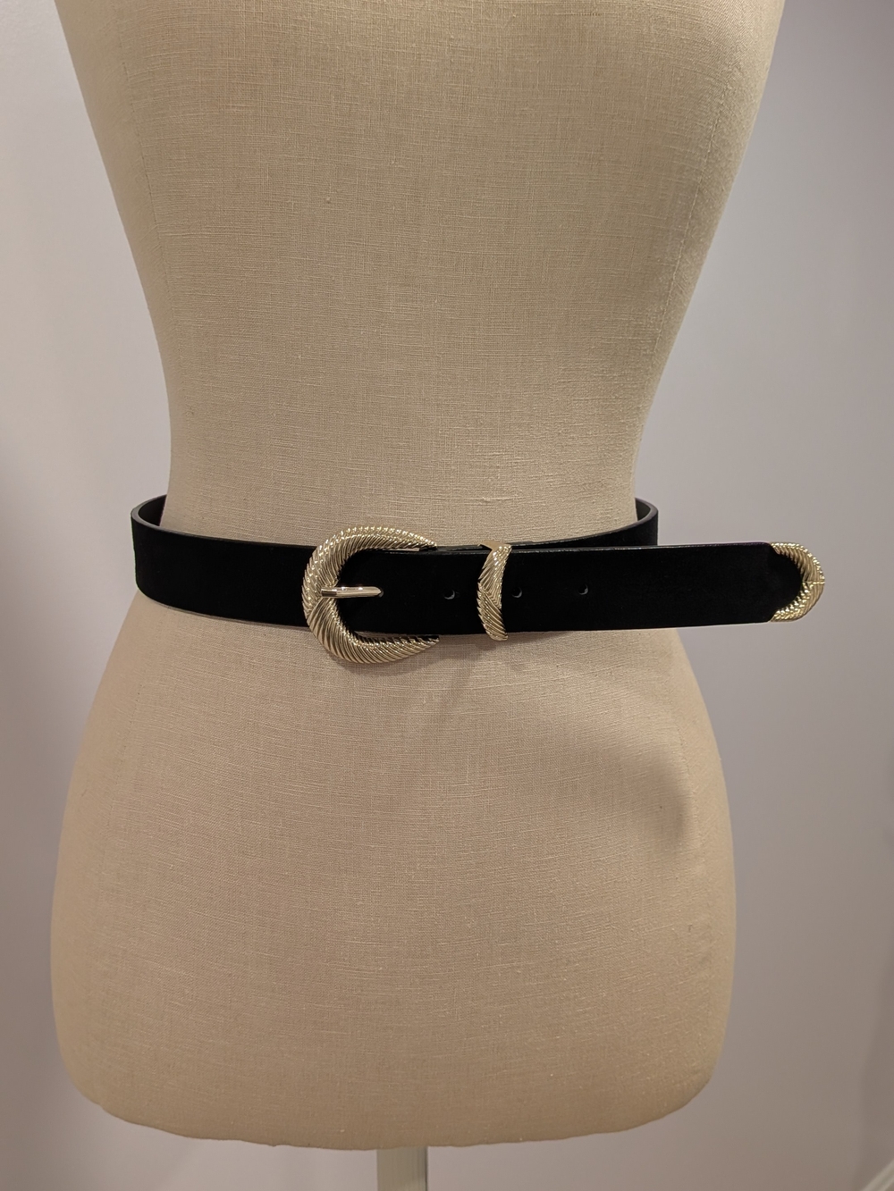 H&M Black Suede Belt with Textured Gold Buckle